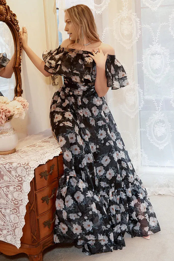 Weitese Dress A-Line Black Print Off Shoulder Plus Size Party Dress Prom Dress